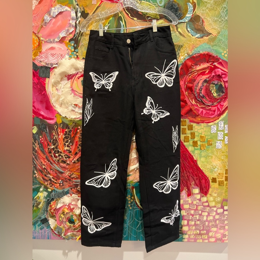 SHEIN Black Butterfly Pants